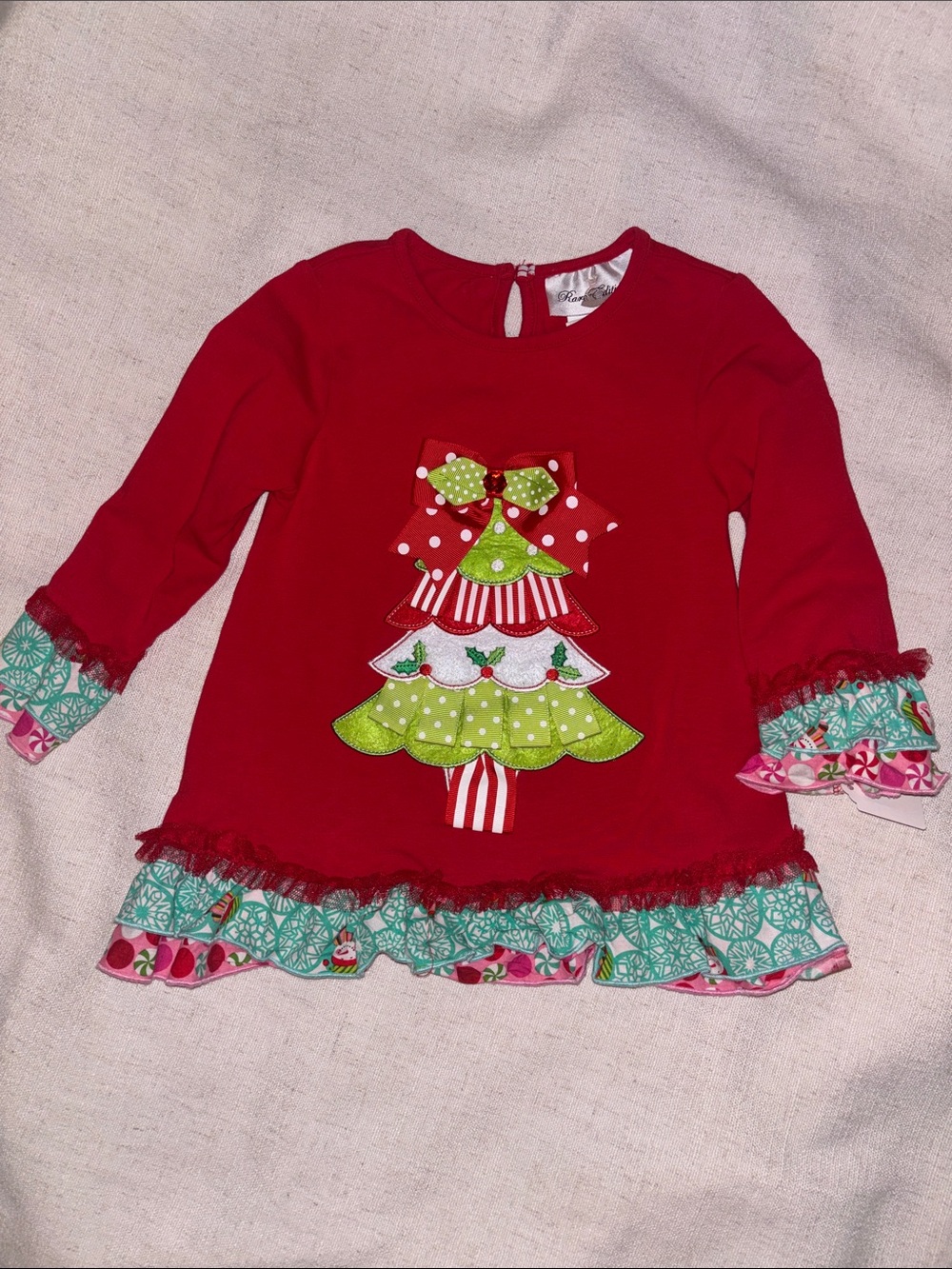 Rare Editions Red Long-Sleeve Christmas Tree Appliqué Top